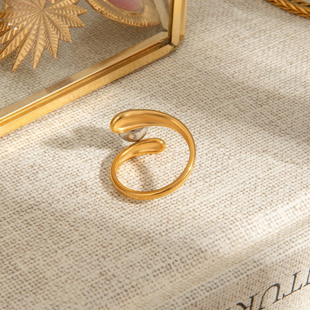 Women's Minimalist Open Ring, Interlocking Bead Design, Two-Tone Gold-Plated Stainless Steel Ring, Versatile Daily & Formal Jewelry