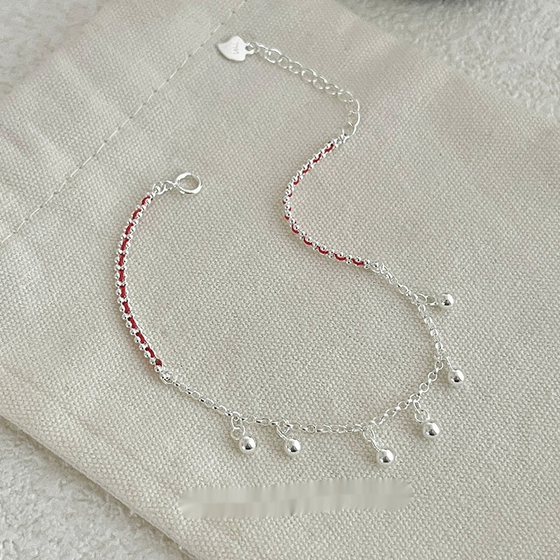 S925 Silver Round Bead Tassel Red Rope Bracelet For Women