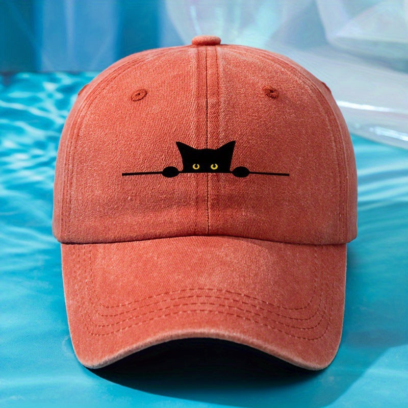 Cat-embroidered Pre-washed Baseball Capversatile Stylish Adjustable And Offers Sun Protection