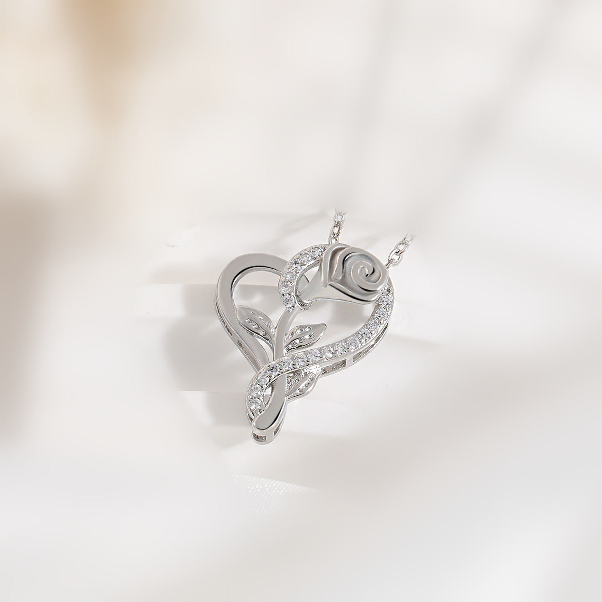 Diamond-encrusted  Intertwined Heart And Rose Flower Necklace