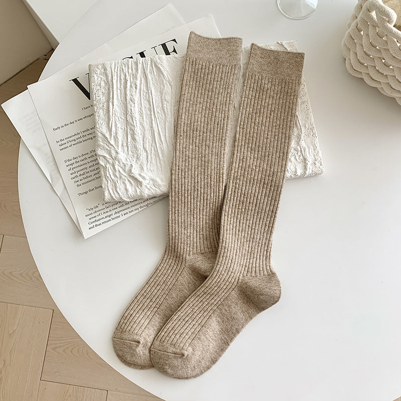 Autumn And Winter Solid Color Rib Fabric Warm Wool Calf Socks