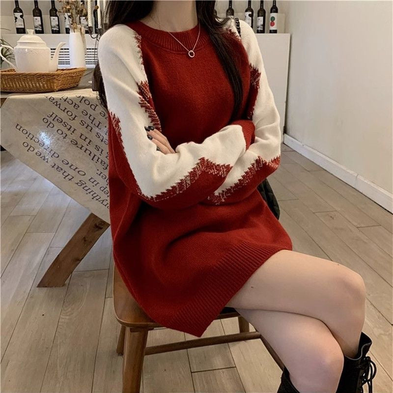 Versatile Red Loose-fitting Sweater New Design Slimming Contrast Color