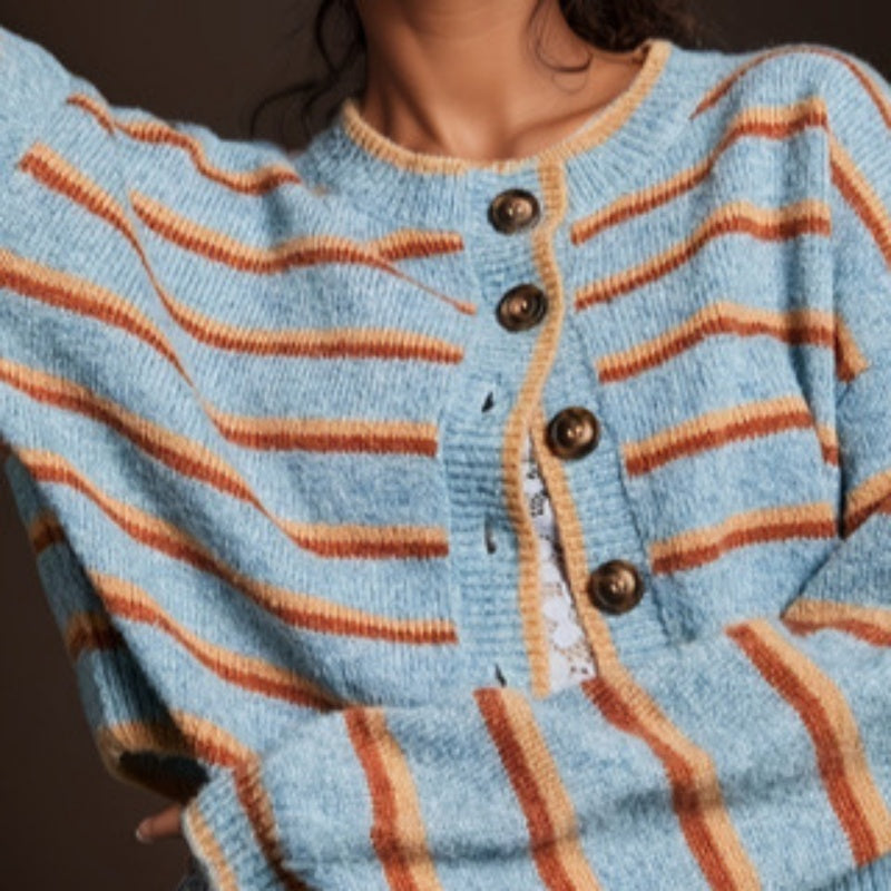 Casual All-match Multicolor Striped Round Neck Sweater