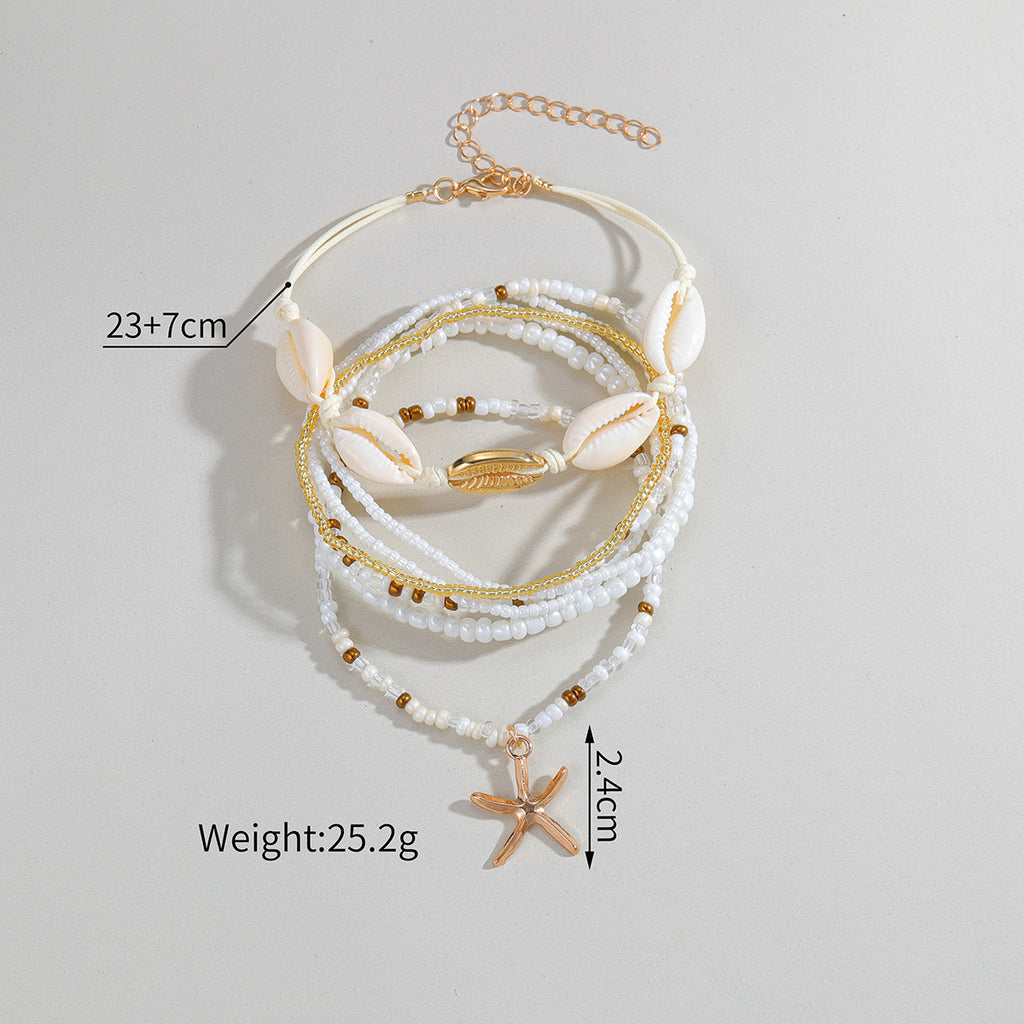 Starfish Pendant Shell Wax Thread Woven Rice Bead Elastic Women's Anklet 7-piece Set