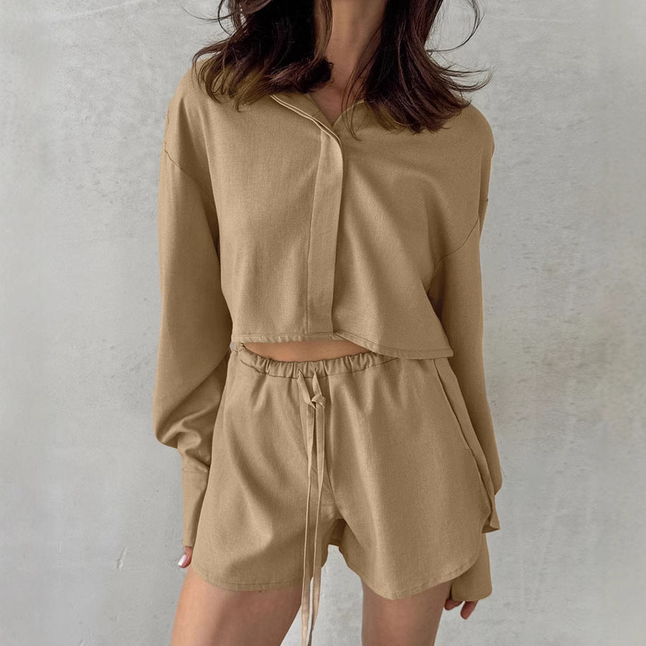 Autumn Fashion Casual Cotton Linen Split Long Sleeve Hot Pants Suit