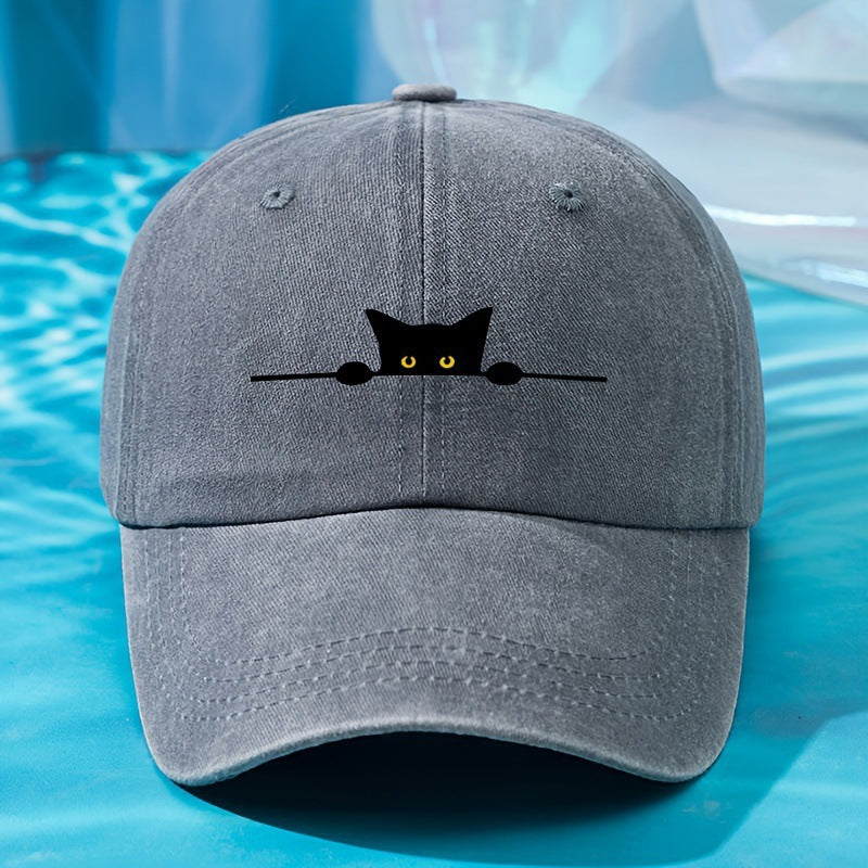 Cat-embroidered Pre-washed Baseball Capversatile Stylish Adjustable And Offers Sun Protection