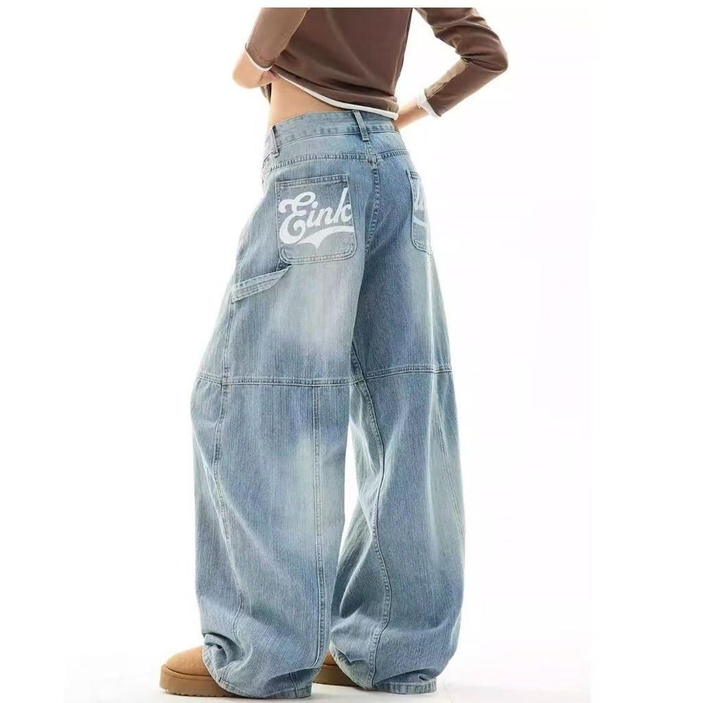 Washed Wide-leg Overalls Casual Straight-leg Long Pants American High Street Printed Jeans For Women
