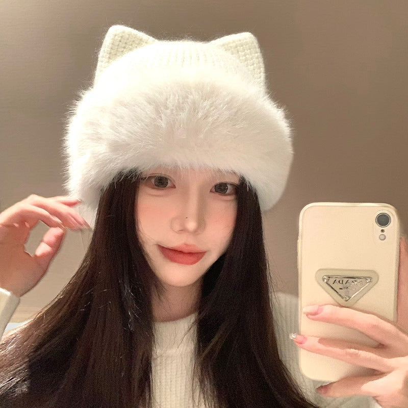 Cute Cat-Ear Knitted Wool Hat For Women In Winter