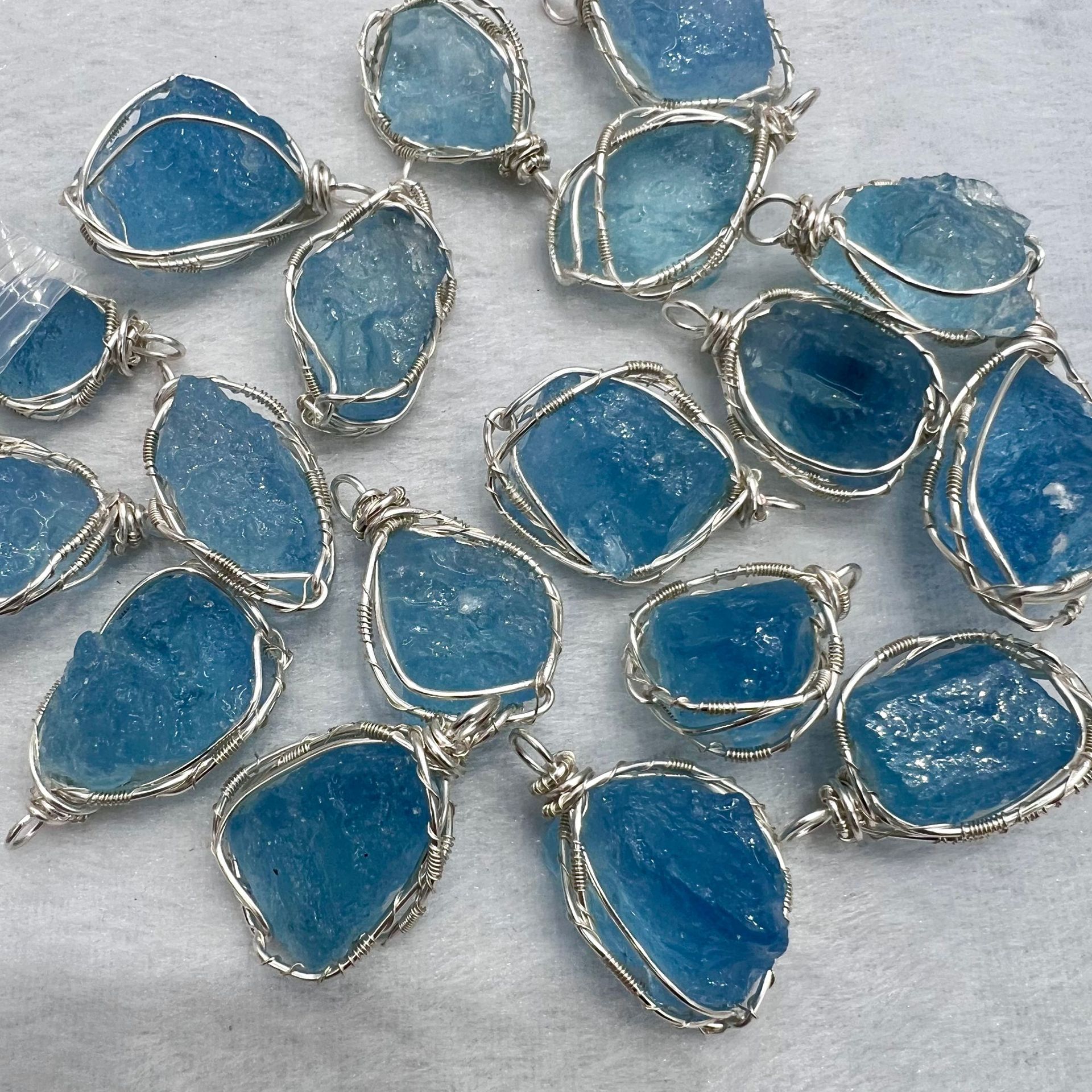 Natural Aquamarine Raw Stone Handmade Copper Wire Crystal Pendant