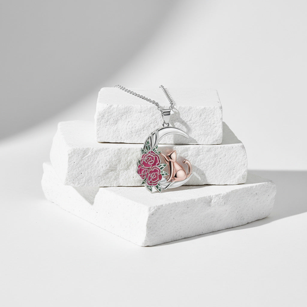 Rose Gold Cat And Rose Necklace