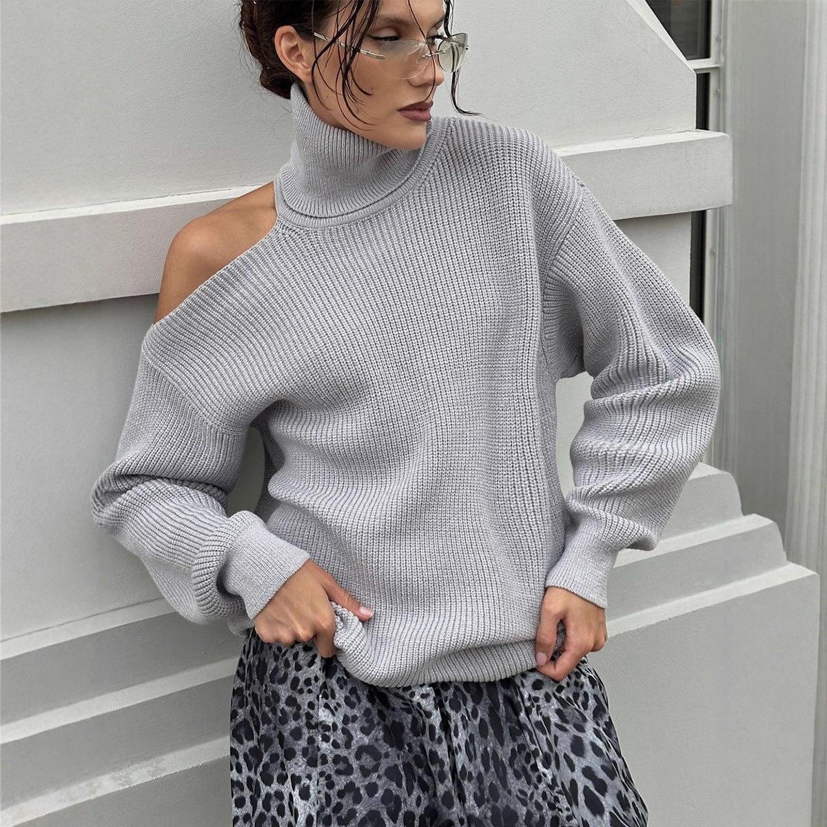 Fashion Pullover Knitting Turtleneck Off-the-shoulder Sweater