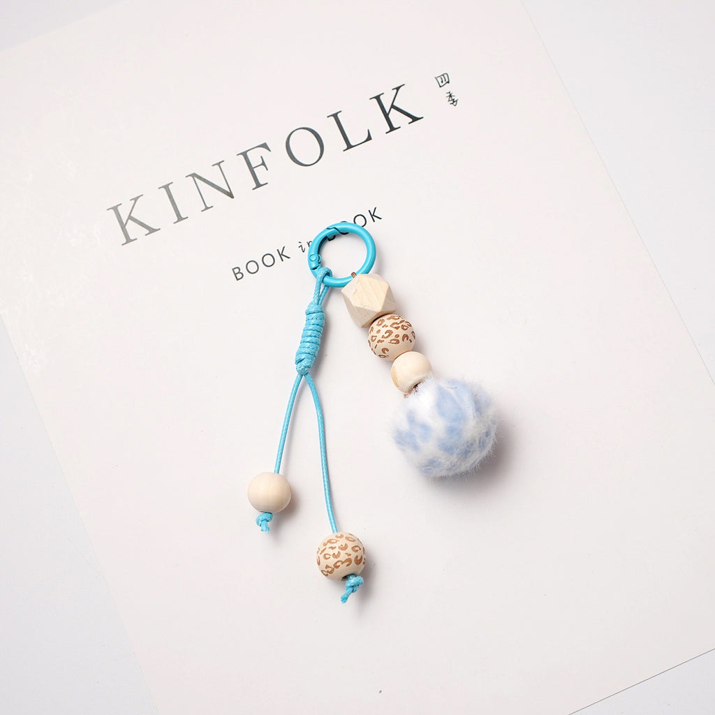 Wooden Bead Pompom Keychain Sweet Bag Charm