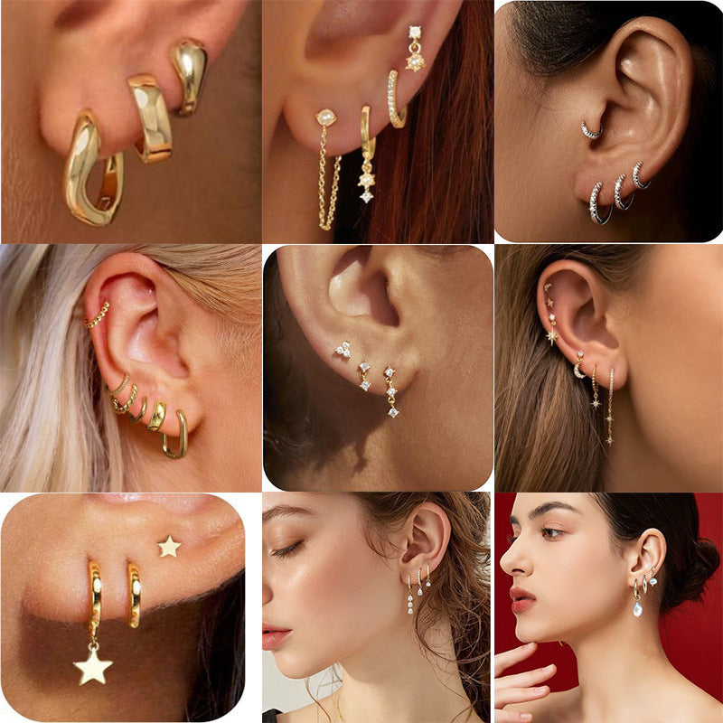 New Copper-Inlaid Zircon Stud Earring Hoop Set