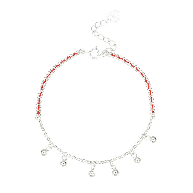 S925 Silver Round Bead Tassel Red Rope Bracelet For Women